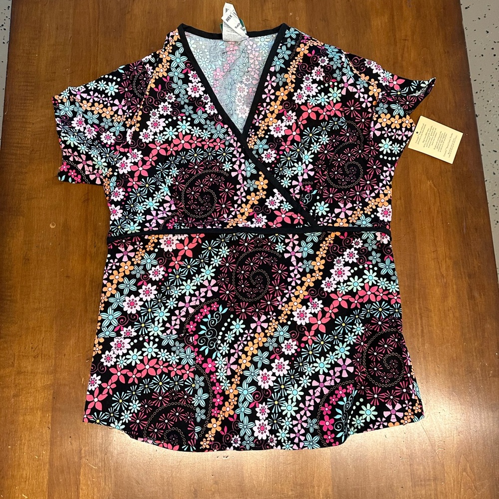 Floral V-Neck Scrub Top - Pink, Blue, Black